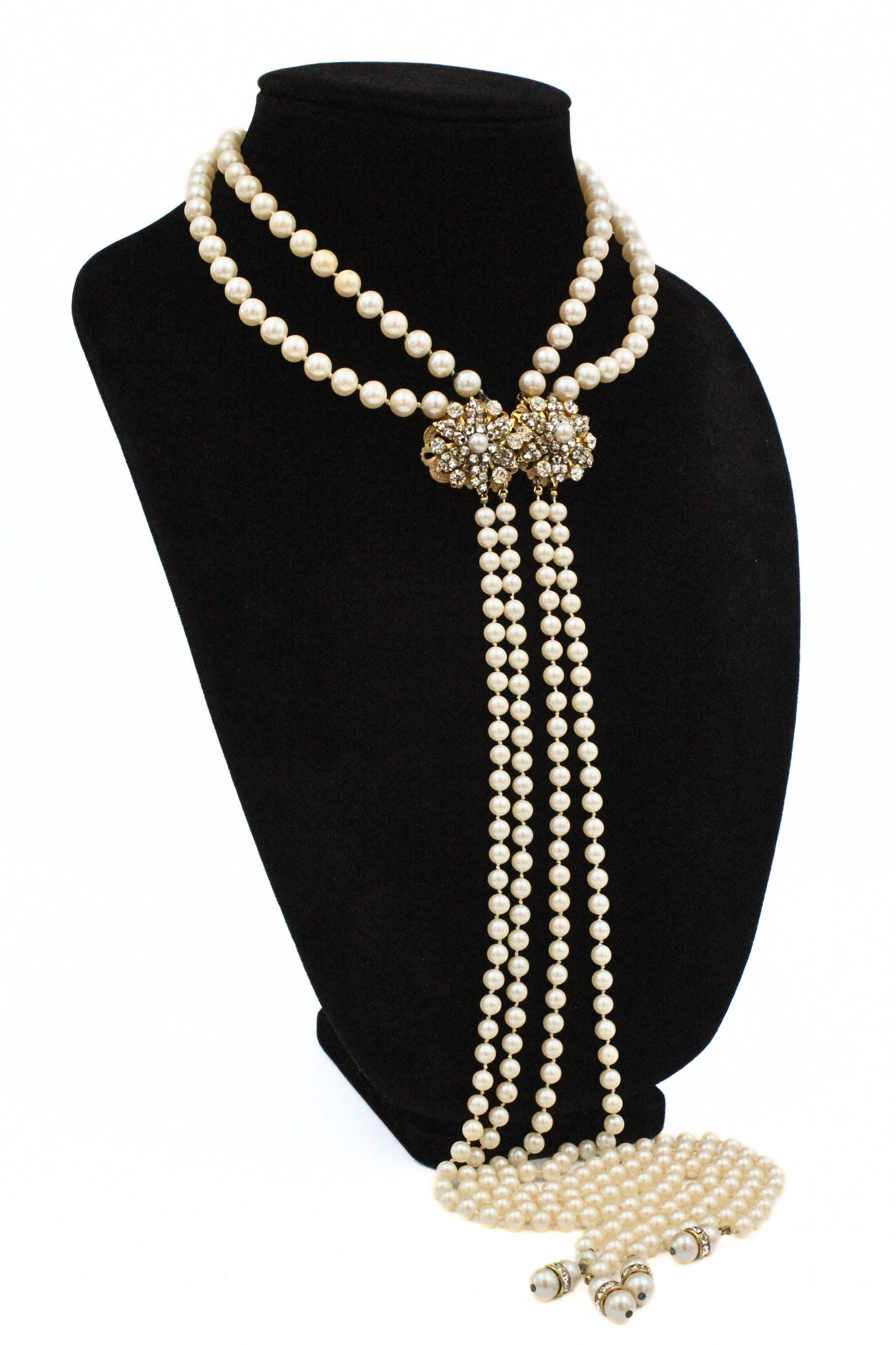 希少◇美品◇STANLEY HAGLER◇花模様パールネックレス◇ゴールド Stanley Hagler Signed Designer Faux Pearl Drop Choker Lariat Back