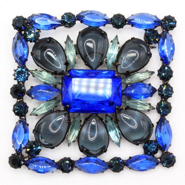 Vintage Extra Large Designer High End Blue Black Glass Brooch