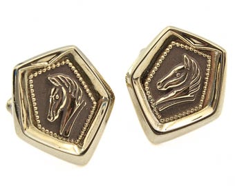 Vintage 50's Shields Designer signierte Pferdekopf Overlay vergoldete Manschettenknöpfe