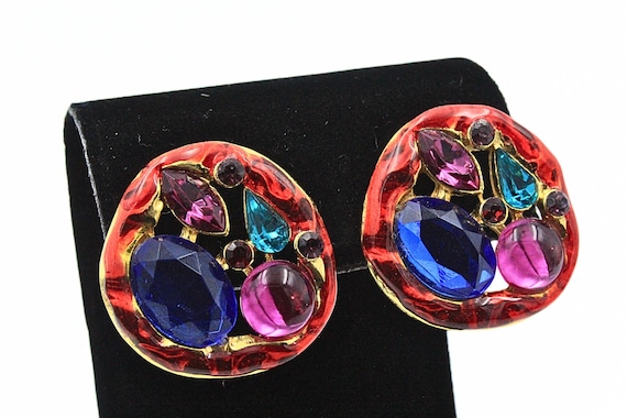 Vintage 80's Retro Red Blue Pink Green Foiled Acrylic Mint Post Earrings View 6