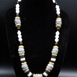 Vintage Bold Massive Couture Milk Glass Black Beaded Heavy High Quality Necklace