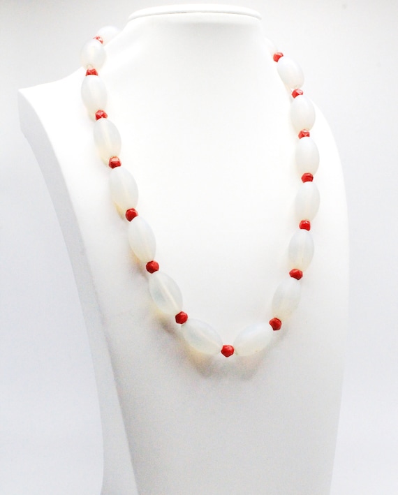 Antique Art Deco Frosted Glass Coral Bead Choker N
