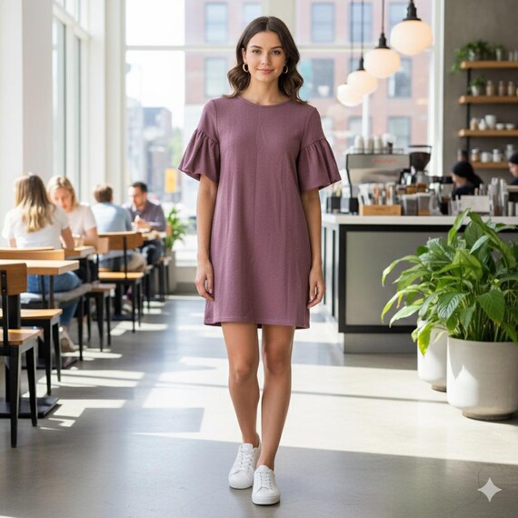 Express Made in Vietnam Mauve Cotton Polyester Spandex Box Type Puff Sleeves Dress