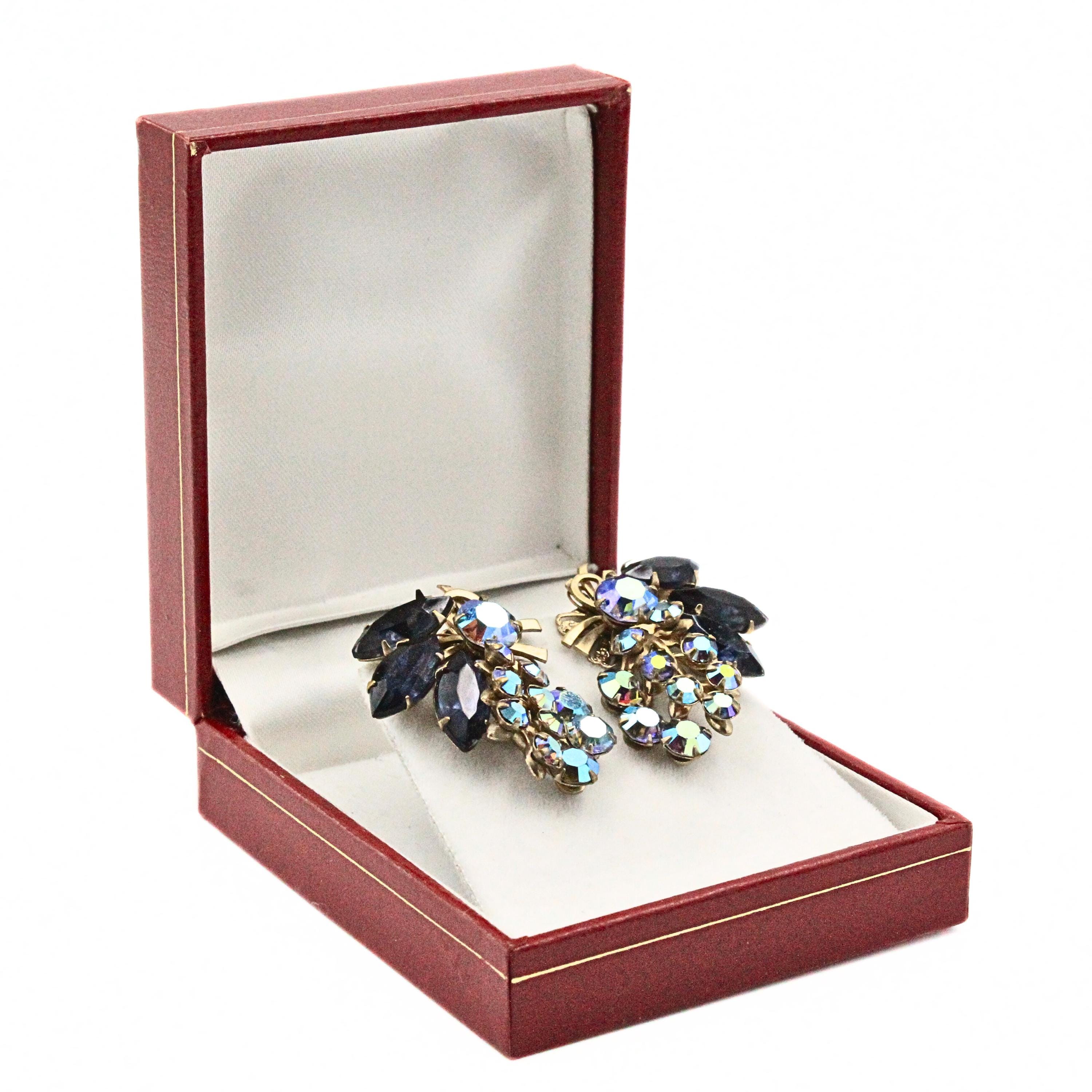Boucles D'oreilles Vintage Clips En Verre Noir Et Cristal Effet Aurores Boréales - Occasion