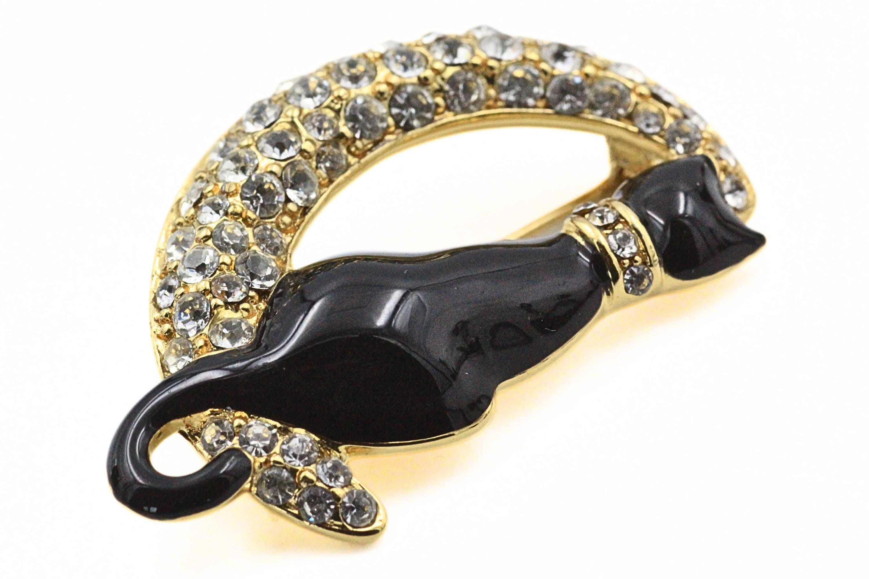 Splendid Trifari Enamel Black Enamel Cat Moon Pave Rhinestones Brooch