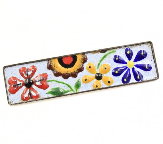 Antique Rectangular German Silver Multi Color Ena… - image 3