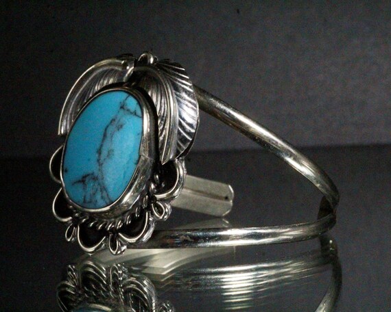 Vintage Mexico Sterling Silver Leaf Turquoise Cuf… - image 4