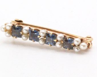 Antique Edwardian 14K Gold Seed Pearl Natural Sapphire Pin