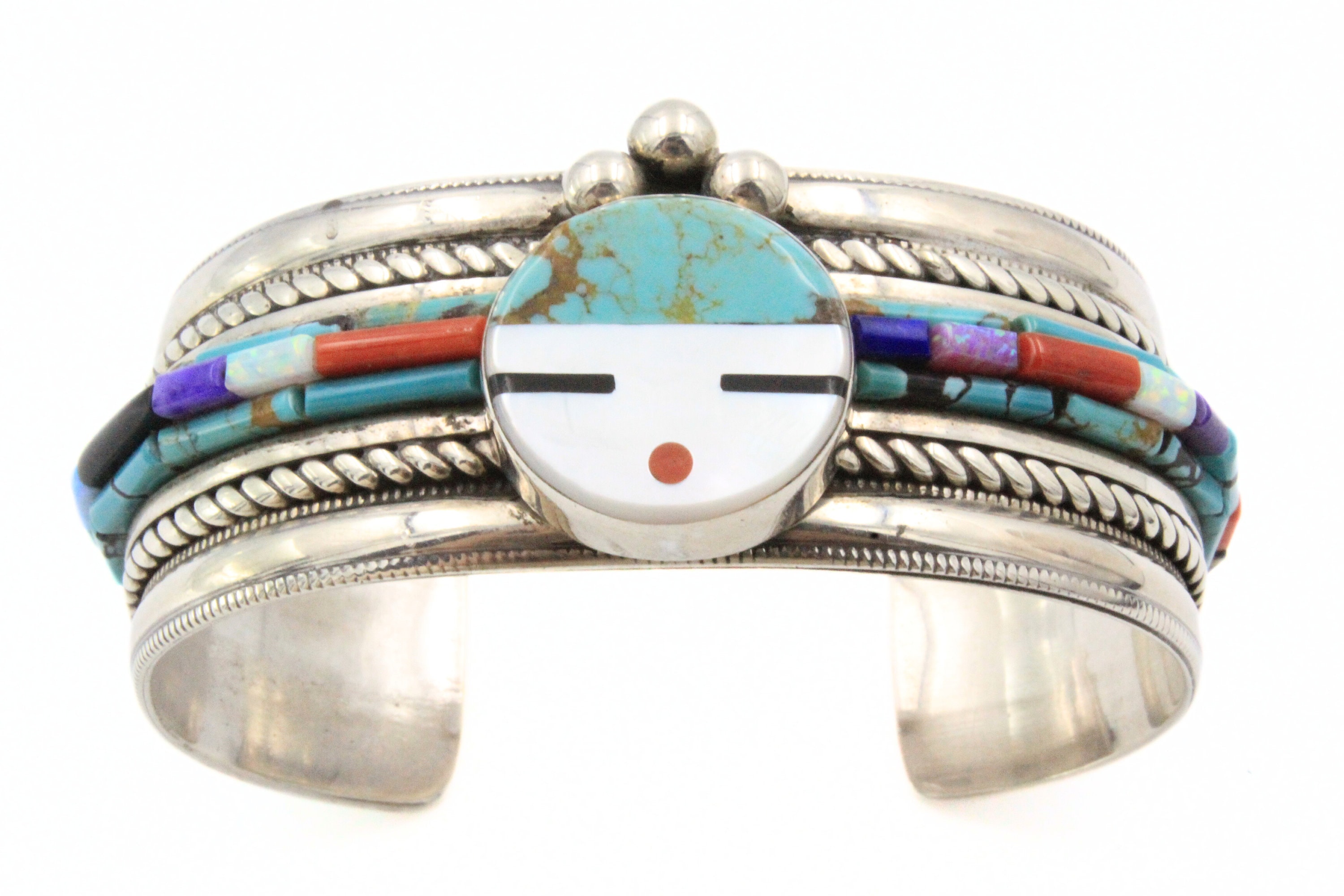 Navajo Len Adakai Sun Face Mosaic Inlay Sterling Silver Cuff
