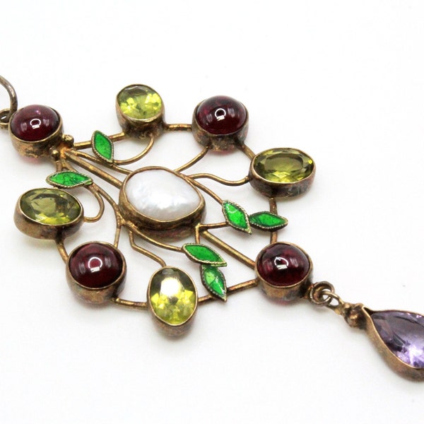 Antique Arts & Crafts Peridot Amethyst Garnet Enamel Sterling Pendant