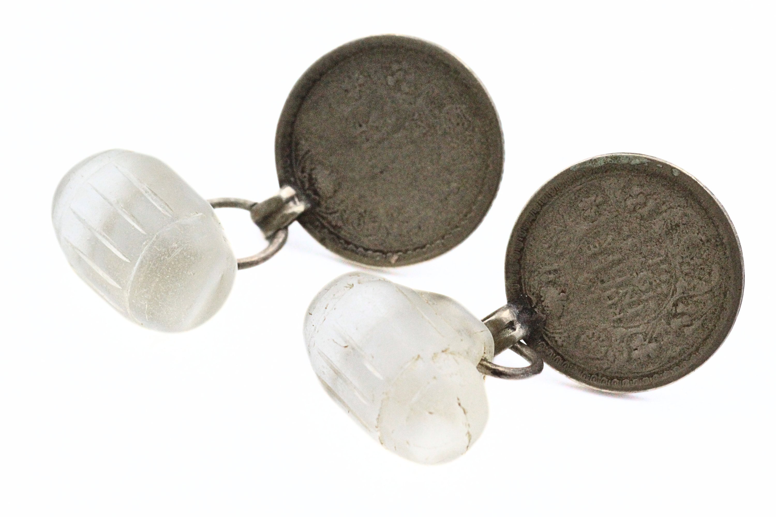 Superior French Couture Coin Silver Tone Carved Glass Cylindrical