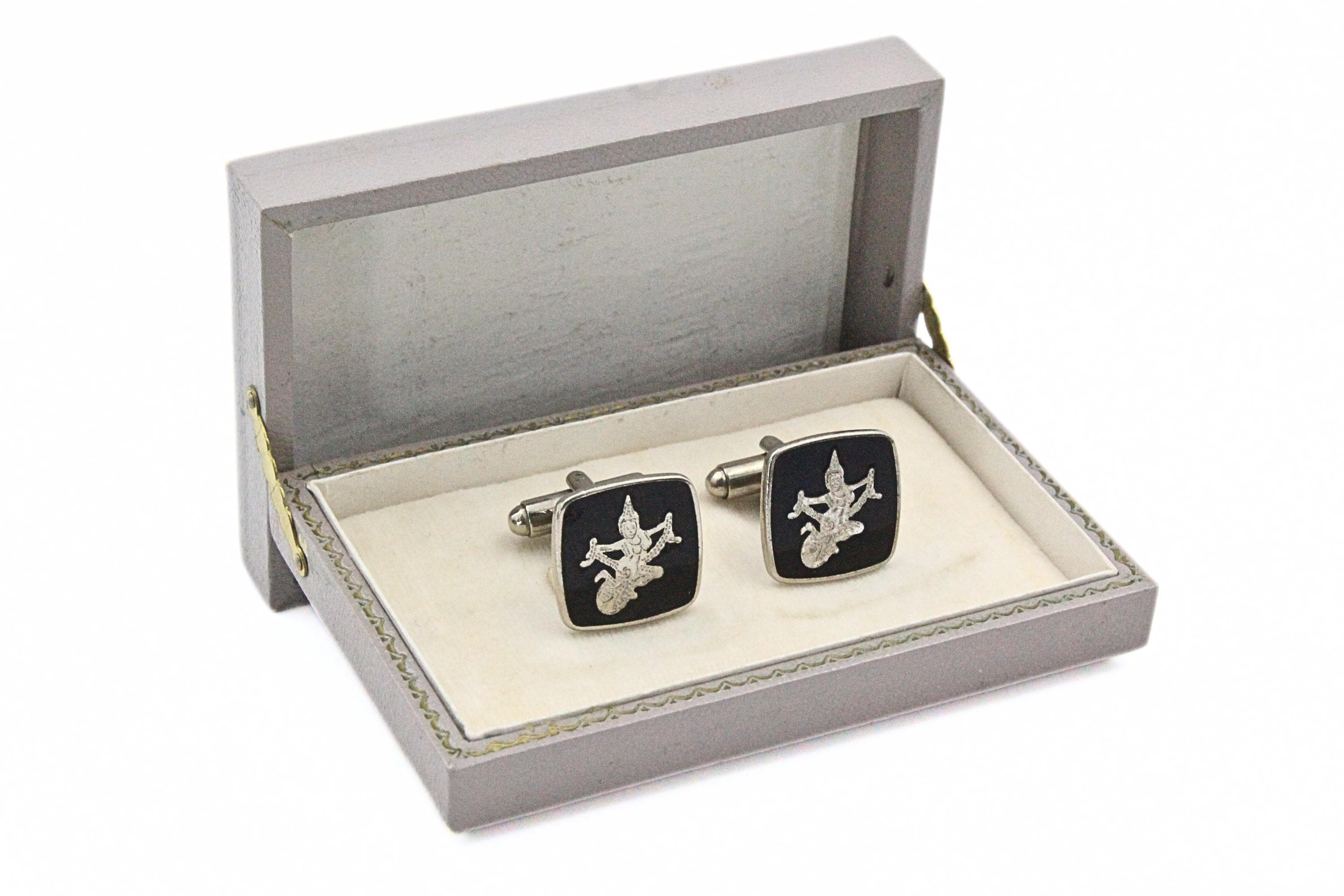 Thai Dancer Inlaid Sterling Silver Siam Black Cufflinks
