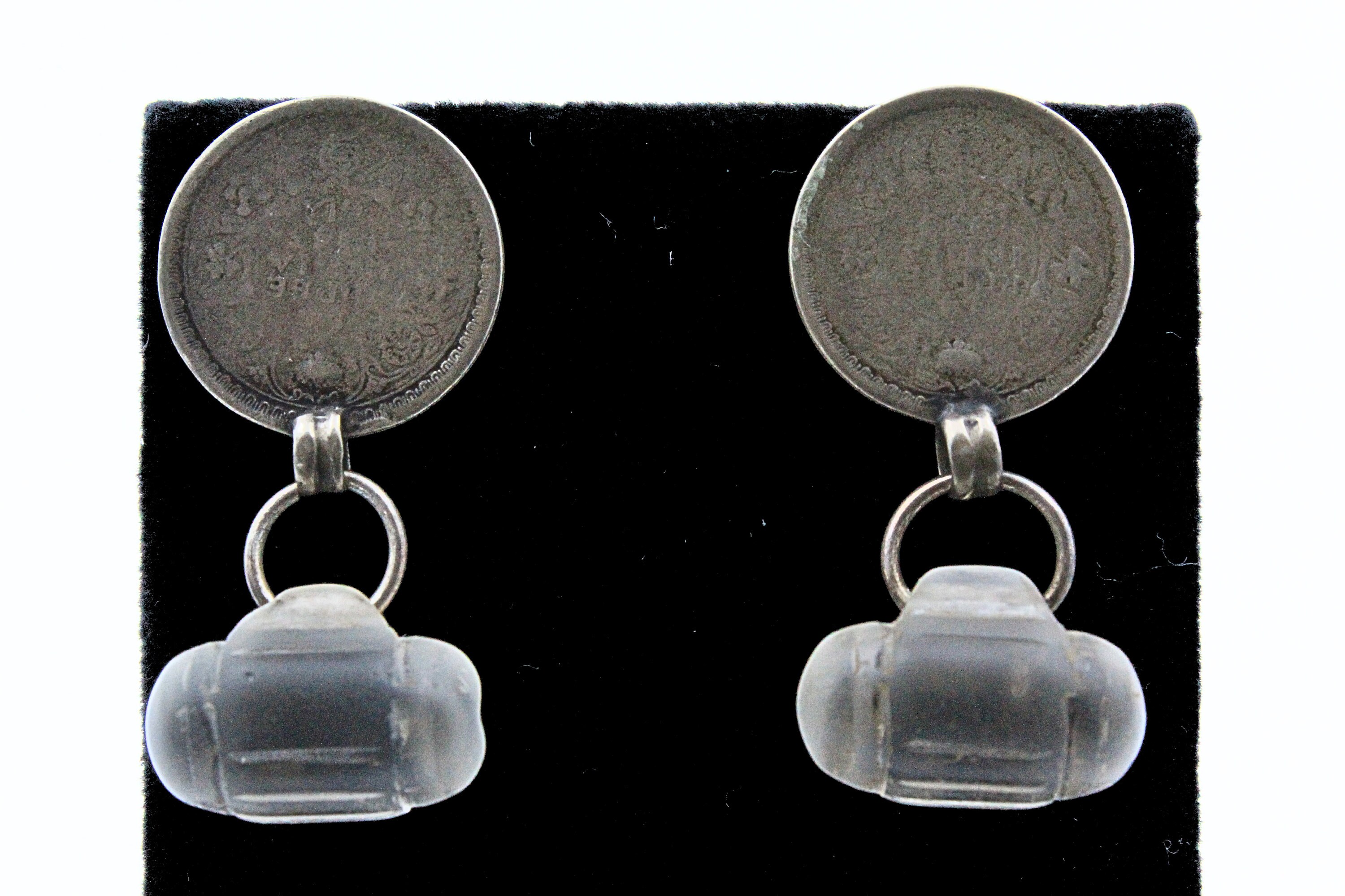Superior French Couture Coin Silver Tone Carved Glass Cylindrical