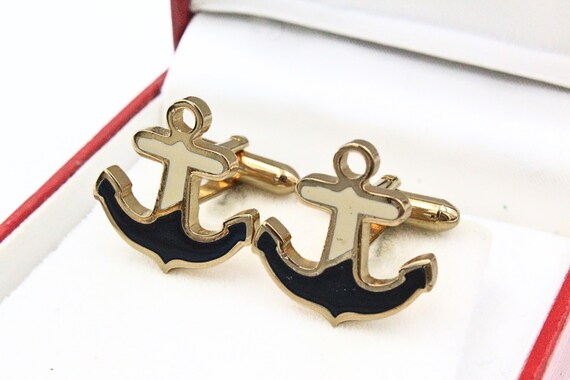 Marine Anchor Enamel Gold Tone Cufflinks - image 5
