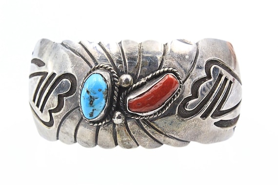 Superior Vintage Native American Navajo Coral Sterling Silver Channel Bracelet Old Superior Vintage Native American Navajo Coral Sterling Silver Channel Bracelet Old