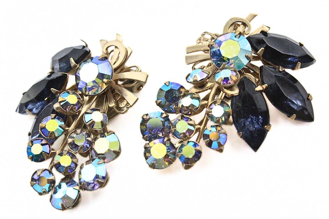 Boucles D'oreilles Vintage Clips Verre Noir Cristal Effet Aurores Boréales - Bijou Fantaisie Femme