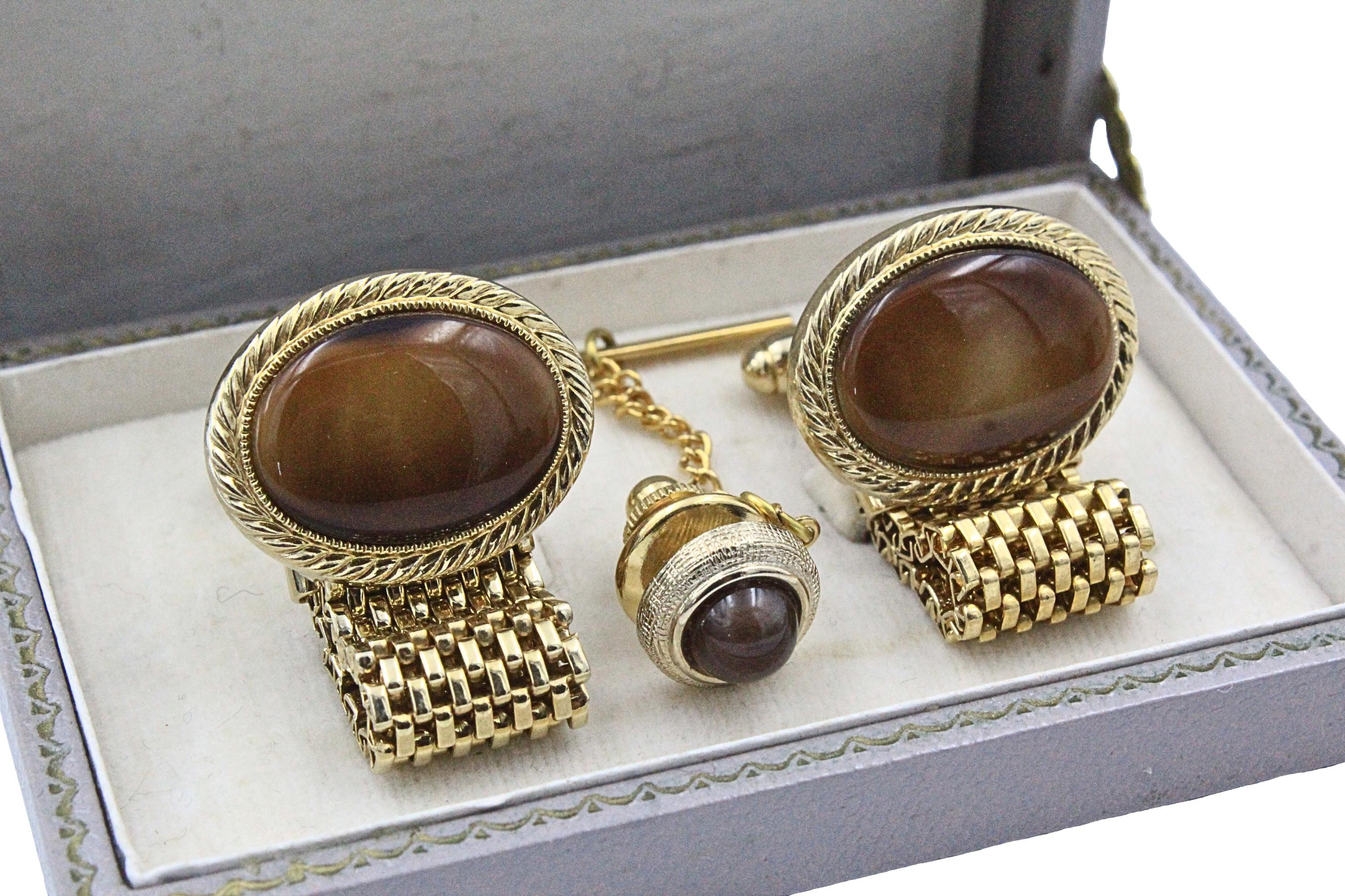 Boutons De Manchette Vintage Avon Ton Doré Et Pierre Noire - Occasion Très Bon État, Pour Homme