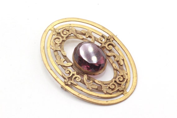 Antique Victorian Brass Faceted Round Purple Czec… - image 9