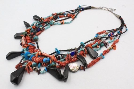 Native American Mesmerizing Vintage Santo Domingo Inlay Turquoise Jet Shell Necklace Native American Mesmerizing Vintage Santo Domingo Inlay Turquoise Jet Shell Necklace