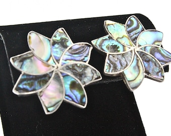 Aretes de abulón con incrustaciones de flores en espiral de plata esterlina con marca Taxco de México