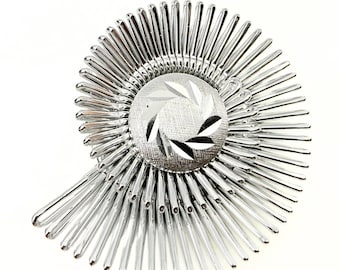 West Germany Designer Signed Textured Silver Plated Spiral Burst Scarf Clip