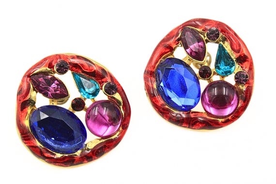 Vintage 80's Retro Red Blue Pink Green Foiled Acrylic Mint Post Earrings View 4