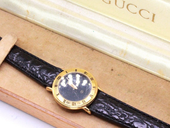 Vintage Gucci Black Dial Roman Leather All Origin… - image 3