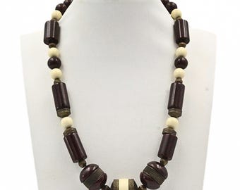 Piękny antyczny naszyjnik Art Deco Ealy Celluloid Brown Beige z koralikami Mint