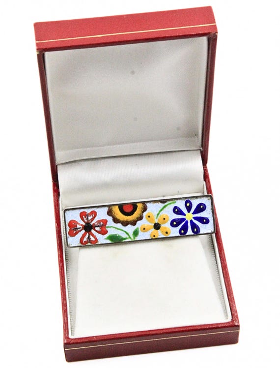 Antique Rectangular German Silver Multi Color Ena… - image 4