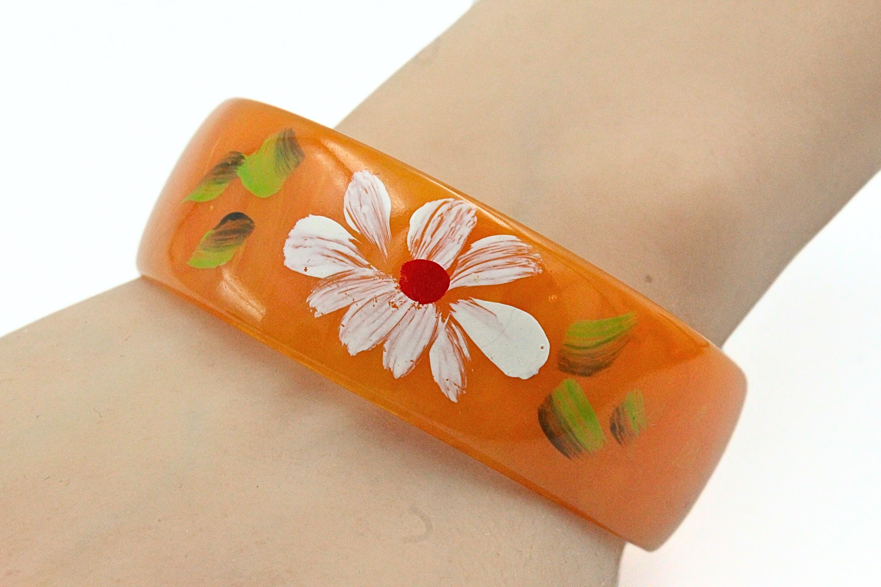 Vintage Orange Hand Painted Floral Bakelite Tested 409 Marbleized