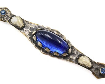 Lovely Antique Arts & Crafts Cobalt Blue Cabochon Brass Pin