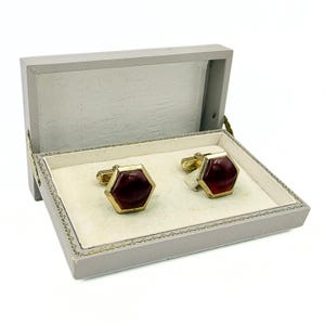 Anson Signed MCM Gold Plate Red Glass Hexagonal Cufflinks