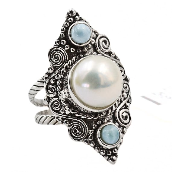 Barzel White Gold Plated Ring With Created Larimar & Cubic Zirconia – Size 7, 10mm Length