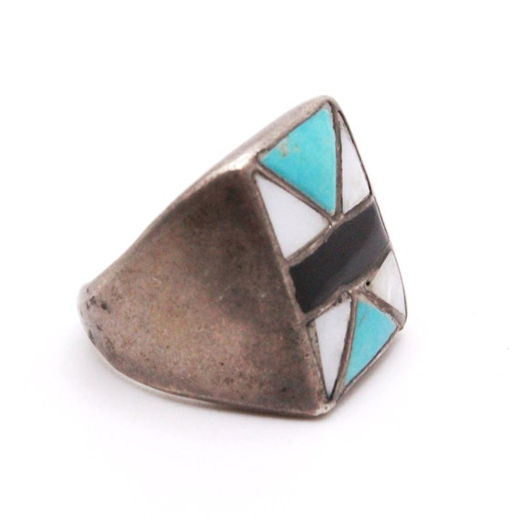 Vintage Sterling Silver Turquoise Onyx MOP Ring - image 4