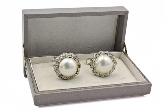 Distinguished White Faux Pearl Silver Tone Textured Cufflinks