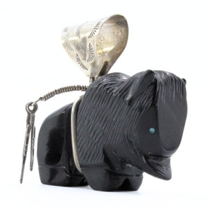 Vintage Zuni Animal Fetish Sculpted Onyx 2&quot; Large Sterling Silver Pendant