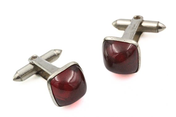 Distinguished Red Glass Cabochon Silver Plated Cufflinks