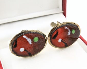 Vintage 70's Red Enamel Abstract Gold Tone Cufflinks