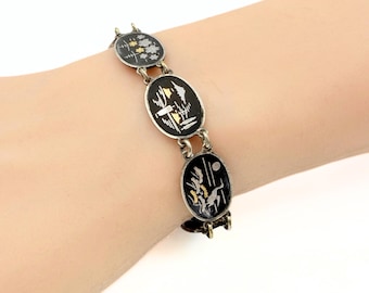 Bracciale vintage giapponese in argento sterling con motivo damascato, bracciale a maglie miste in metallo stile Amita con monte Fuji, gioielli asiatici con smalto.