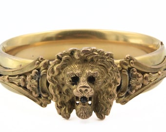 Hallmarked PRST Co Antique Edwardian Gold Filled Glass Lion Head Hinged Bracelet