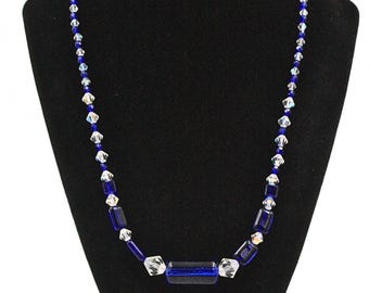 Vintage Cobalt Blue Clear Glass Barrel Beads Sterling Silver Necklace