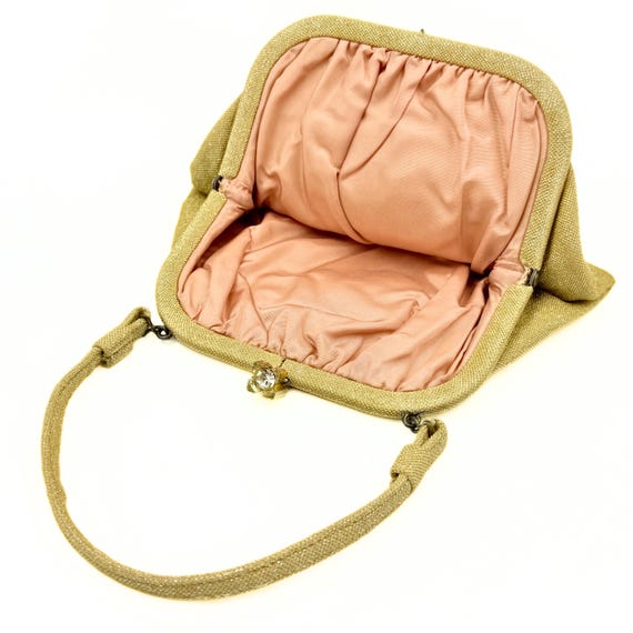 Vintage Retro Golden Fabric Glass Kiss Lock Purse View 3