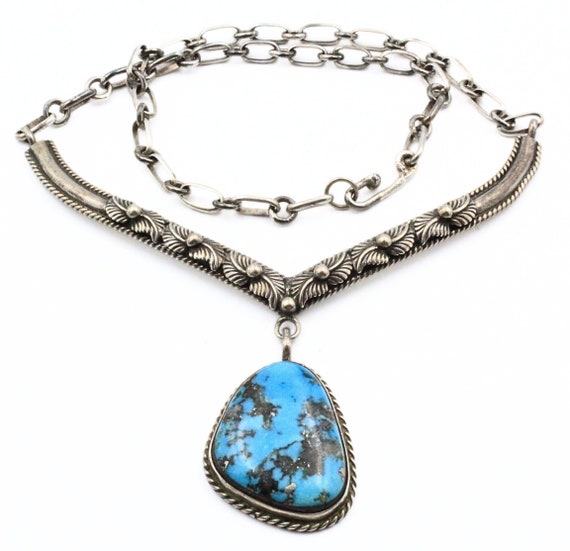 Superior Vintage Native American Navajo Spiderweb Turquoise Sterling Silver Necklace Superior Vintage Native American Navajo Spiderweb Turquoise Sterling Silver Necklace