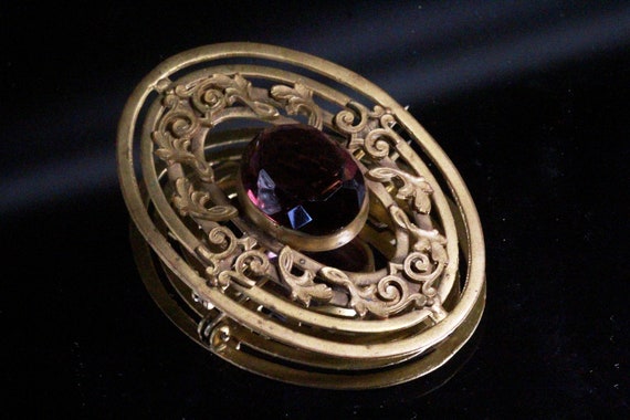 Antique Victorian Brass Faceted Round Purple Czec… - image 6
