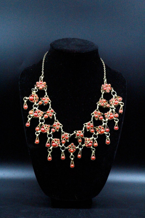 Vintage Indian Coral Brass Tone Ethnic Tribal Utt… - image 3