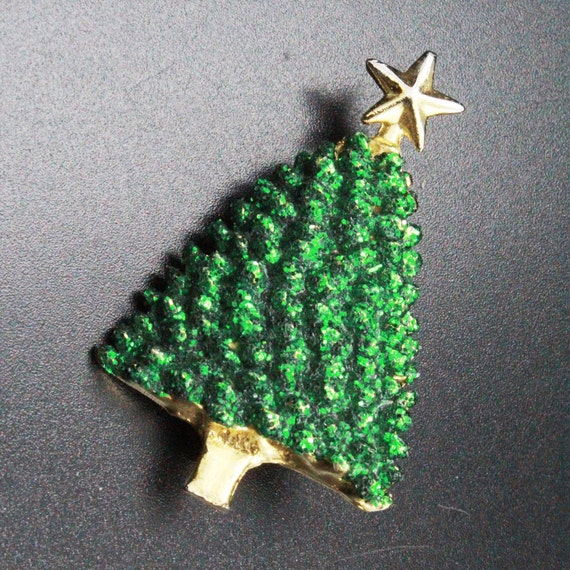 Vintage Holiday Christmas Tree Green Glitter Broo… - image 3