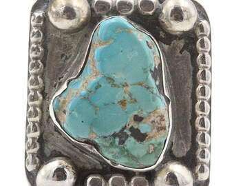 Anillo vintage de plata de ley con lingote de turquesa y peón antiguo, talla 9,75
