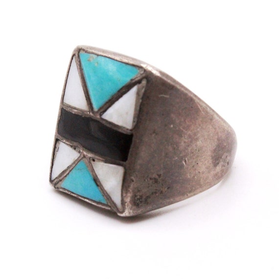 Vintage Sterling Silver Turquoise Onyx MOP Ring - image 3