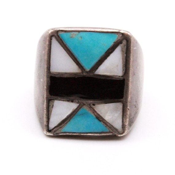 Vintage Sterling Silver Turquoise Onyx MOP Ring - image 2