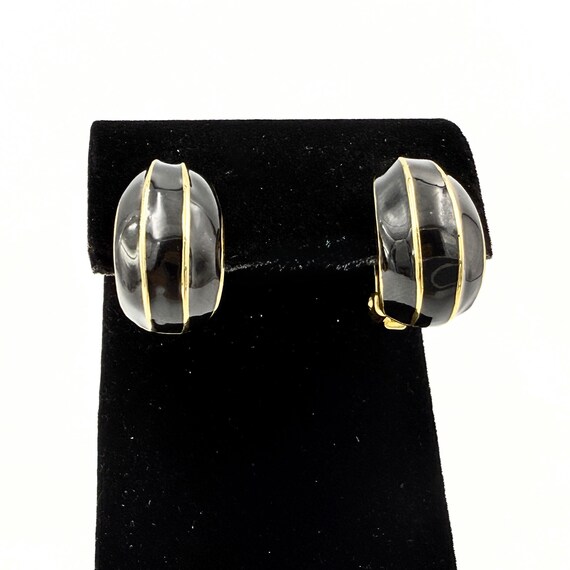 Designer High End Black Striped Enamel Gold Plated Clip Earrings